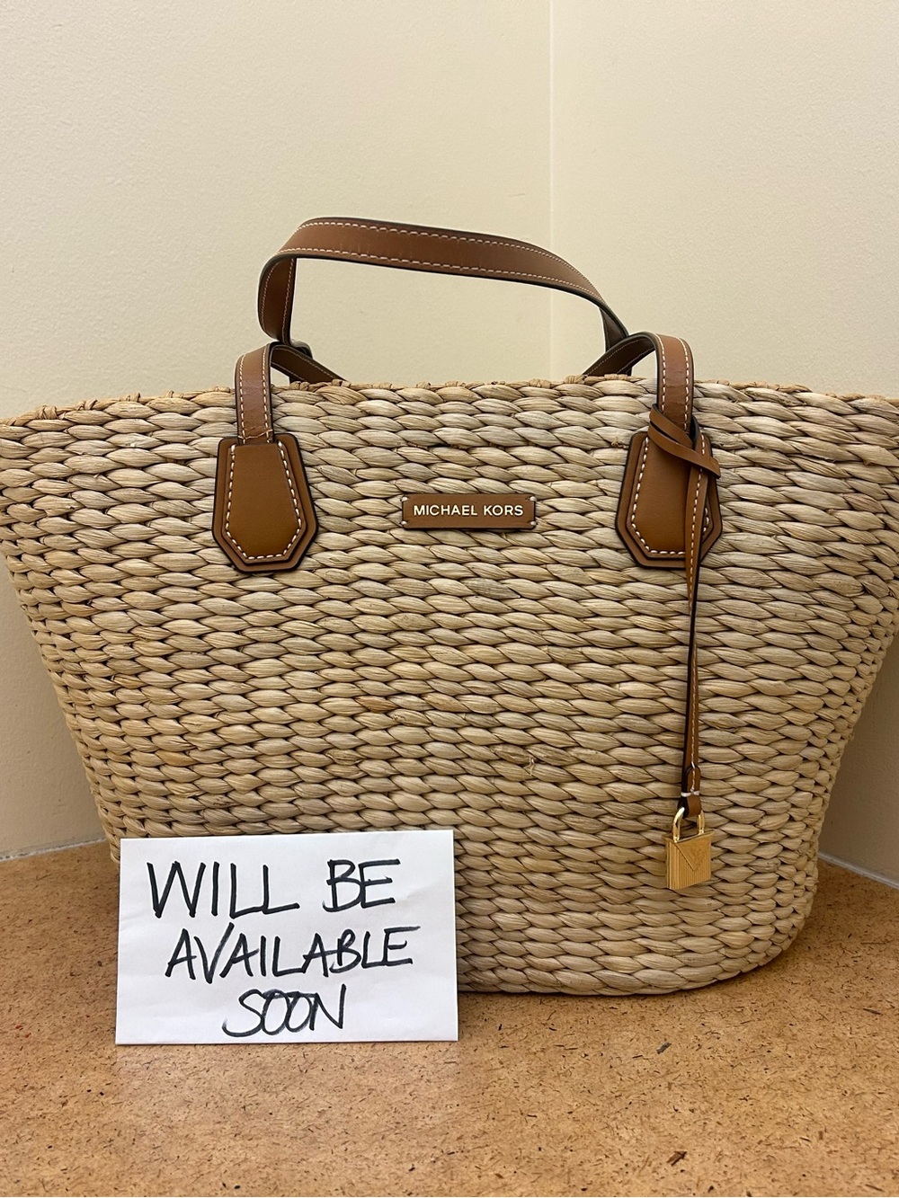 Michael Kors Natural Woven Tote with Brown Leather Trim & Gold Hardware